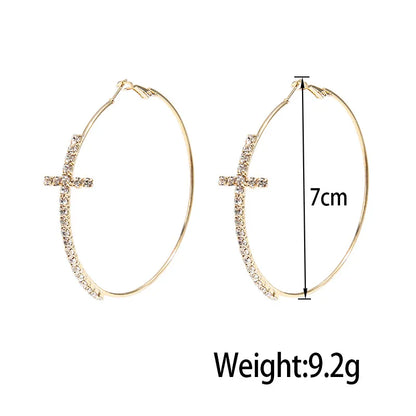 Shiny Big Circel Cross Hoop Earrings for Women Exquisite Rhinestones Ear Buckles Earrings High-end Geometric Ear Rings Jewelry