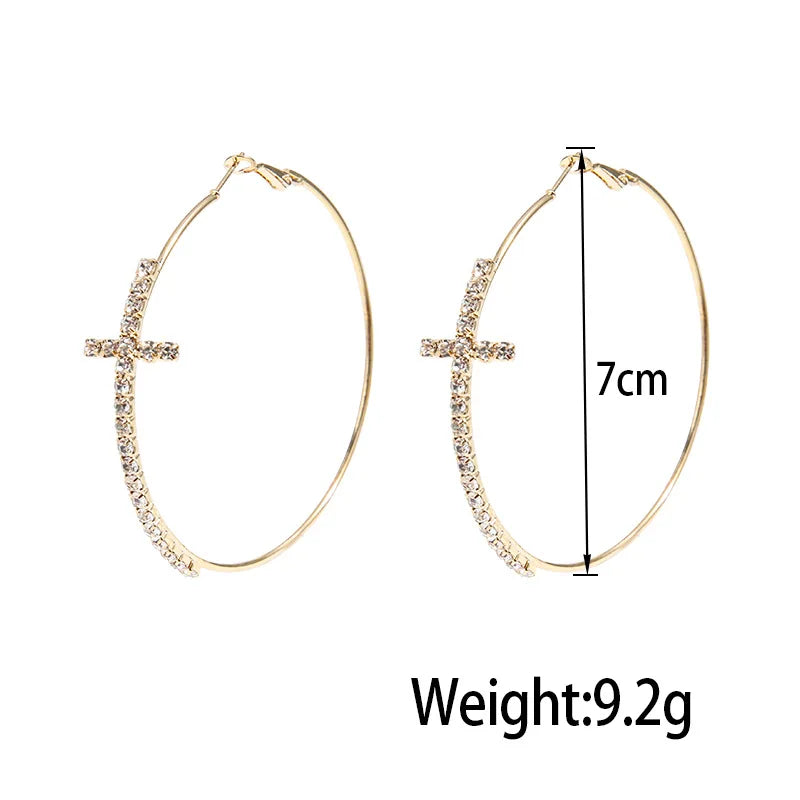 Shiny Big Circel Cross Hoop Earrings for Women Exquisite Rhinestones Ear Buckles Earrings High-end Geometric Ear Rings Jewelry