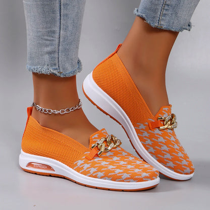 Orange Checkered Slip-On Flats | Low Flat Shoes | Women's Casual Everyday Wear