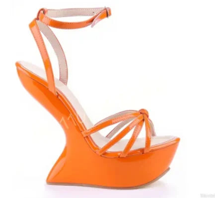 Strange Style Women Metal Color Woman Summer Platform Sandals Sexy Hoof Heel Ankel Buckle Strap Open Toe Shoes High Quality