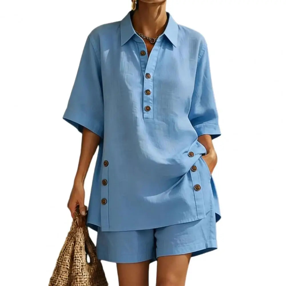 Cotton Linen Set for Women Button Short Sleeve Shirt And Wide Leg Shorts 2 Piece Outfit Summer Casual Beach Lounge Sets