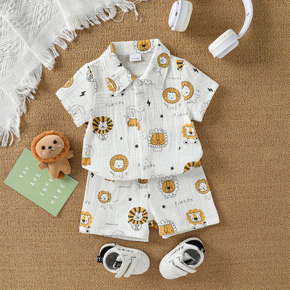 2025 New Summer Dinosaur Cartoon Printed Short-sleeved T-shirt and Shorts, Fashionable and Versatile Two-piece Set for Baby Boys