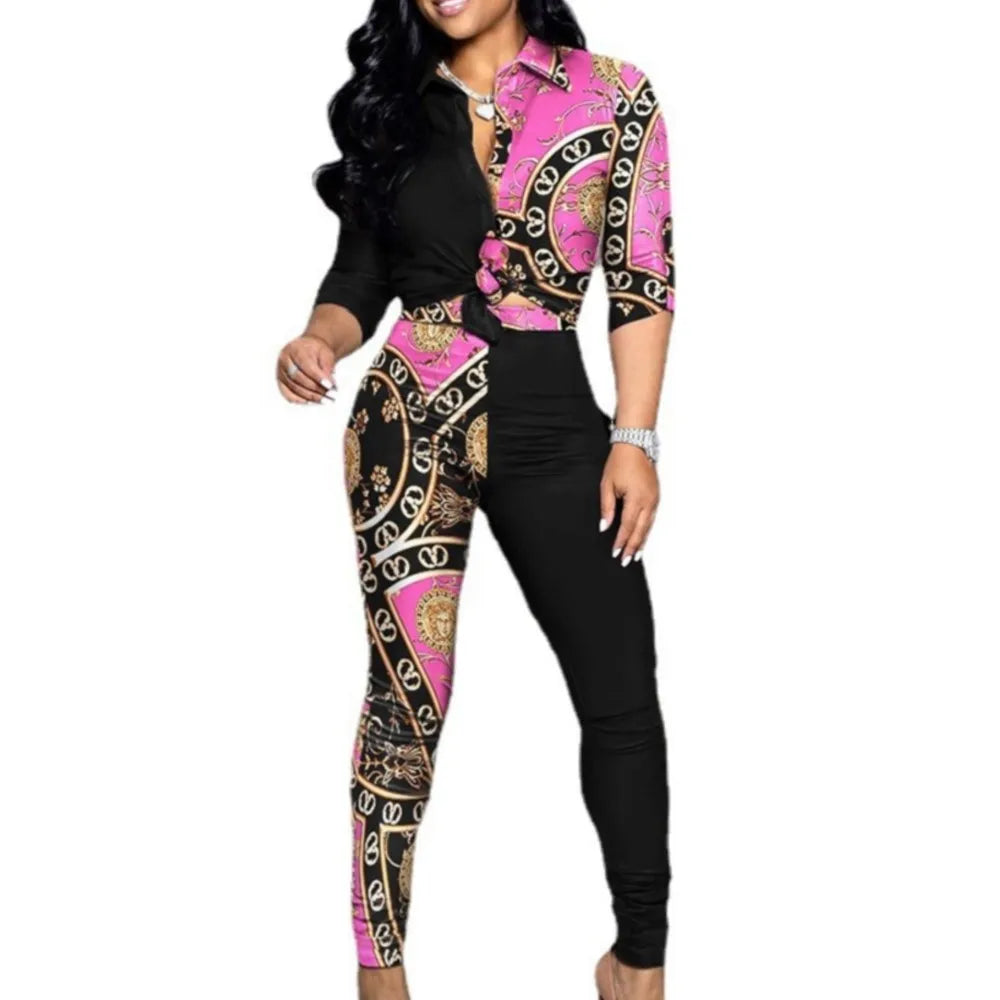 Women's Spring Summer New Set Fashion Color Blocked Printed Long Sleeve Collar Single Breasted Shirt Casual Pants Two Piece Set