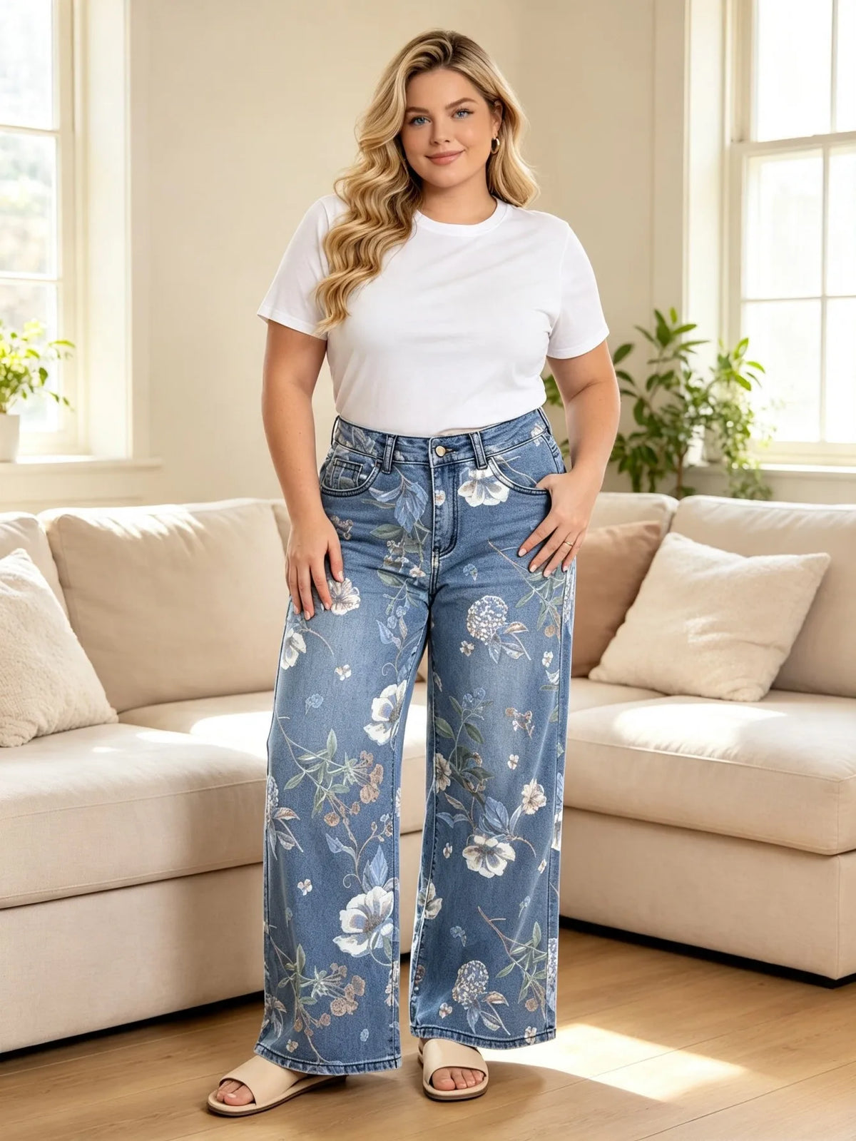 【HME】Jeans | All-Over Vintage Floral Print Denim Pants, High Waist Wide Leg Straight Denim, Retro Light Wash Denim Fabric, Artistic Vacation Style Pants For Women Daily & Travel Outfits