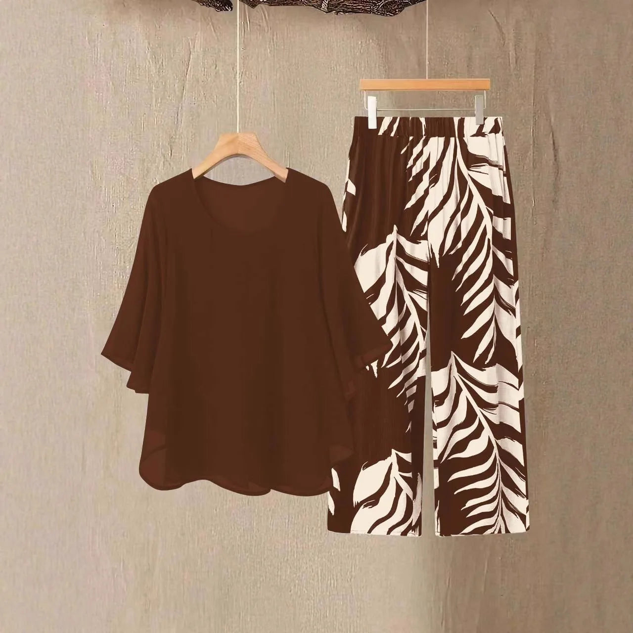 Lady Colorful O Neck Loose Suit Casual Chiffon Set Three Quarter Sleeve Top Wide Leg Pants Women Outfit Comfortable 2 Piece Sets