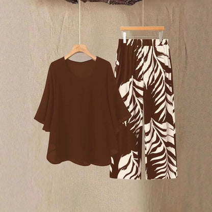 Lady Colorful O Neck Loose Suit Casual Chiffon Set Three Quarter Sleeve Top Wide Leg Pants Women Outfit Comfortable 2 Piece Sets