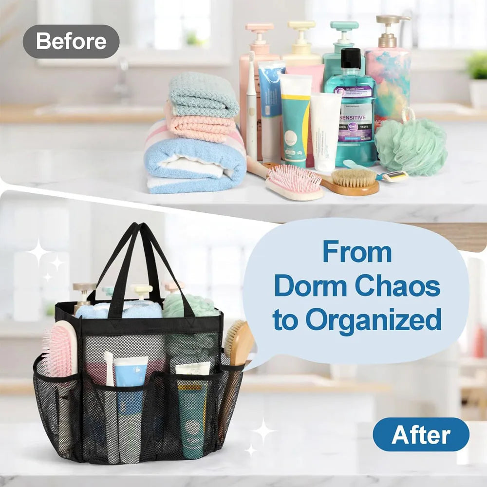 Mesh Shower Caddy Portable for College Dorm Room Essentials 8 Pockets 2 Handles Quick Dry Shower Bag for Travel BathroomHanging