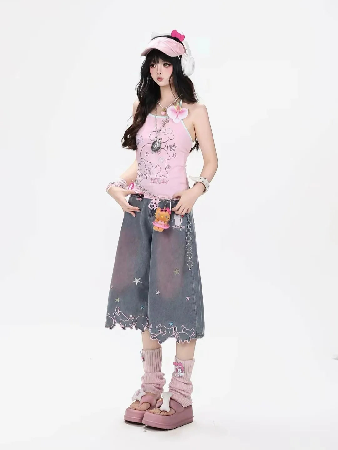Women's Y2K Cat Embroidery Denim Culottes, Pink Gradient Wash Baggy Cropped Jeans, Cute High Waist Wide Leg Capri Pants