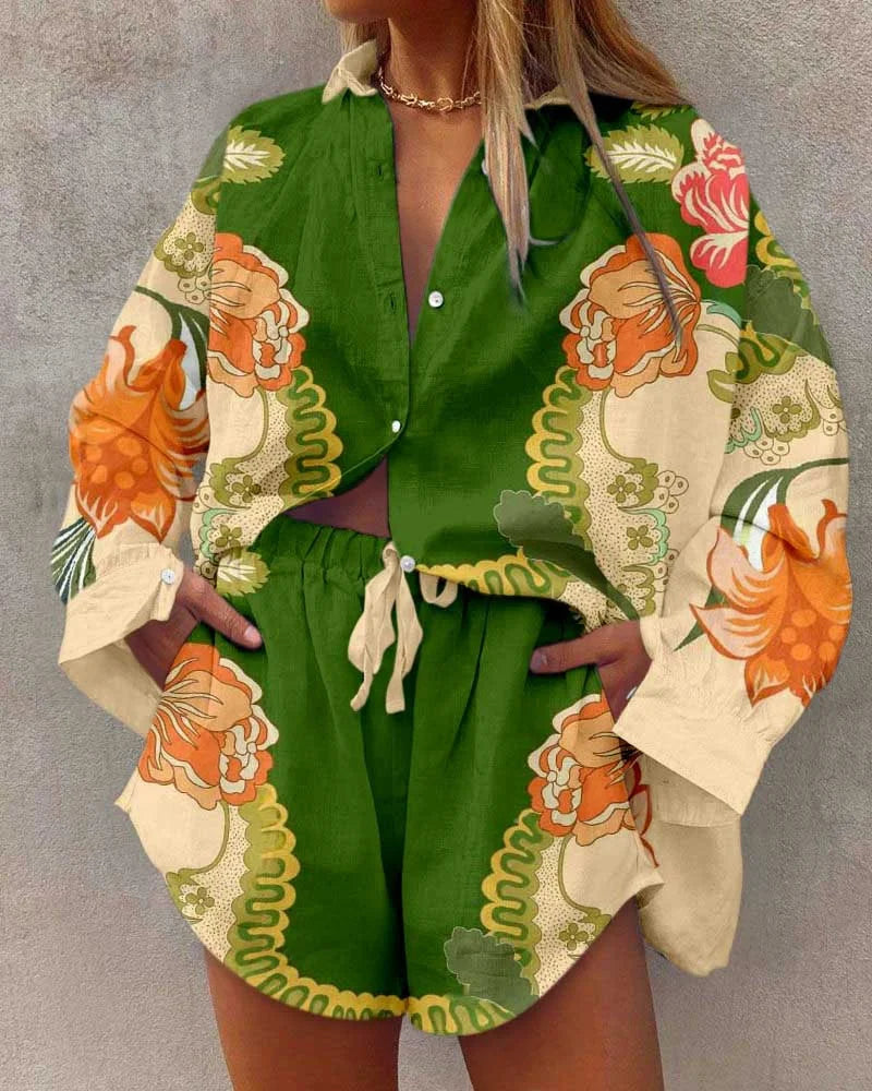 Summer Fashion Print Beach Holiday 2-Piece Set Women Long Sleeve Shirt Top+Wide Legs Short Women Oversized Two-Piece Outfit