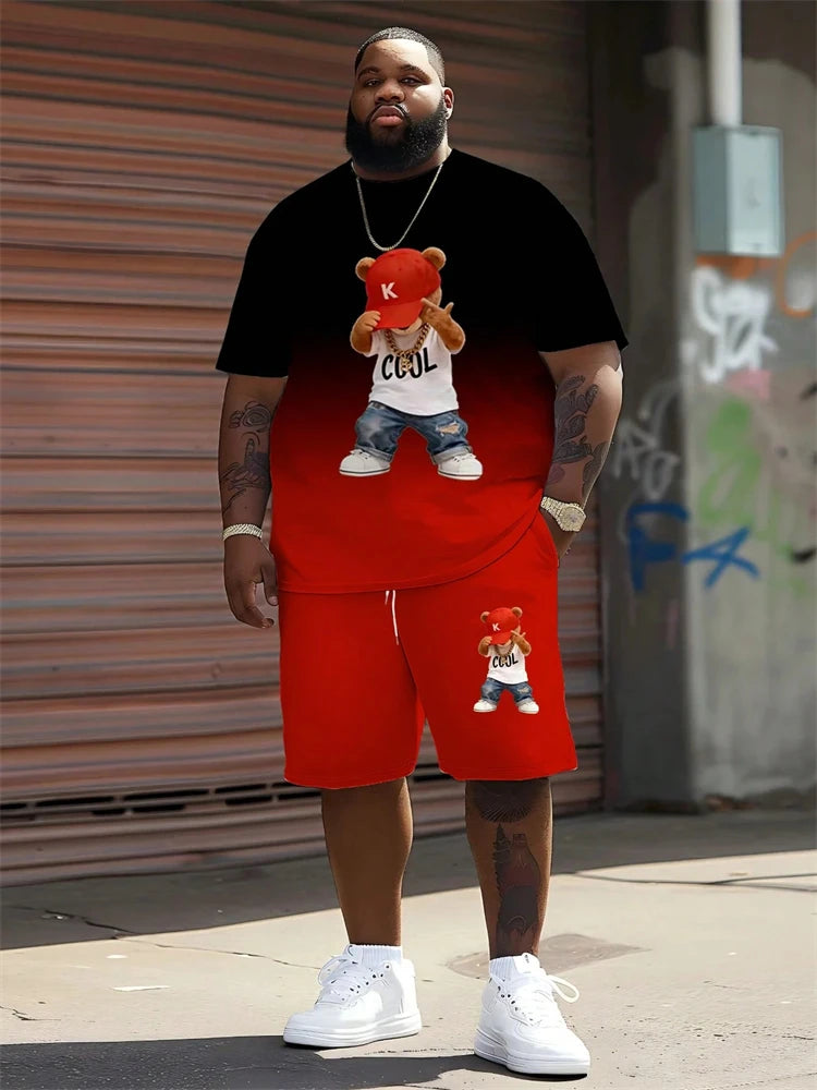 2026 Summer Men 2-Piece Set Fun Cartoon Bear Print Short-Sleeve T-Shirt and Shorts Set Sporty Style Plus Size Fashionable Outfit