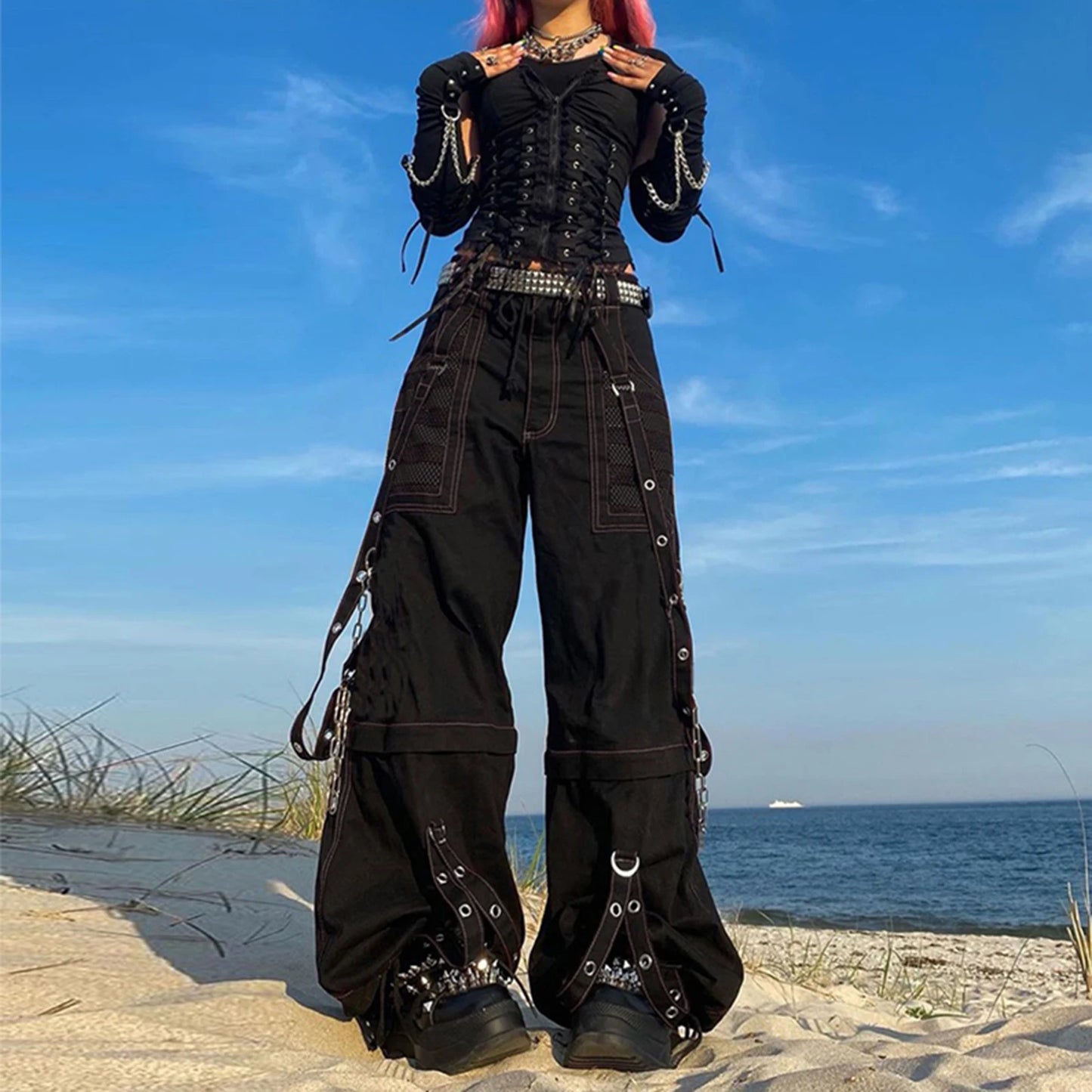 Women Fall Winter Cargo Jeans Striped Zipper Button Closure Loose Casual Trousers Streetwear with Pockets
