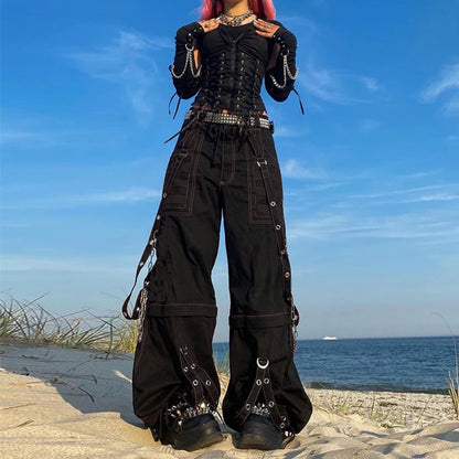 Women Fall Winter Cargo Jeans Striped Zipper Button Closure Loose Casual Trousers Streetwear with Pockets