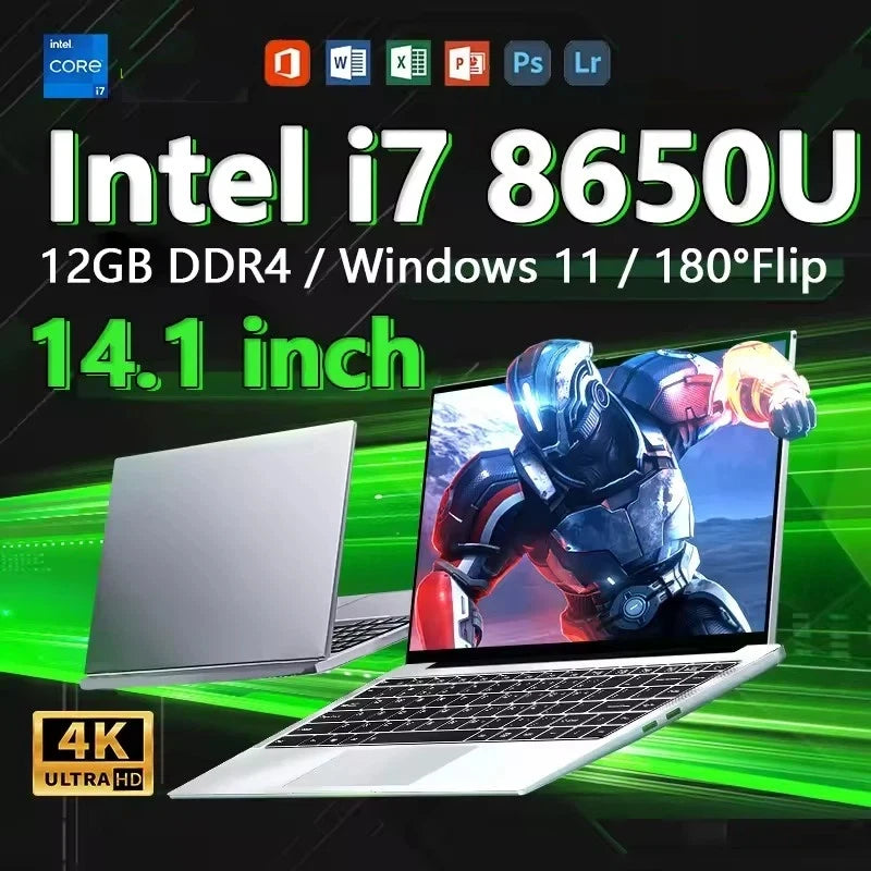 2026 14.1"Laptop Intel Core i7 8650U Portable Laptops Windows 11 Computer 4K HD 16GB 32GB RAM 1TB 2TB SSD Notebook Office