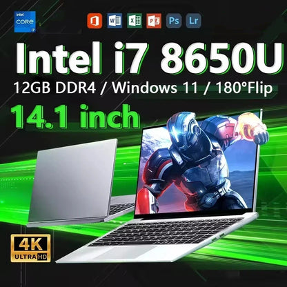 2026 14.1"Laptop Intel Core i7 8650U Portable Laptops Windows 11 Computer 4K HD 16GB 32GB RAM 1TB 2TB SSD Notebook Office