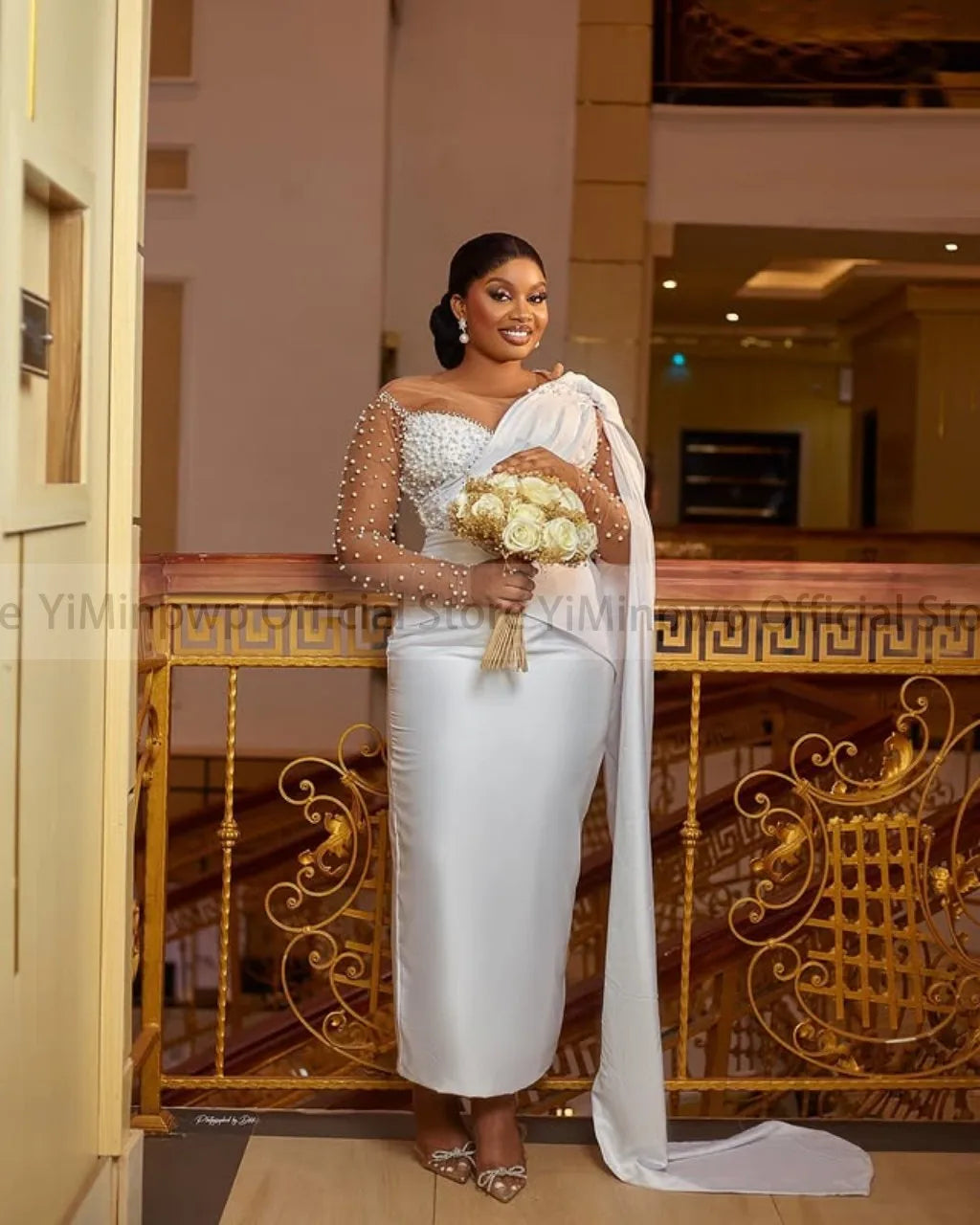 Ivory Civil Wedding Dresses for Bride Sheer Neck Long Sleeve Corset Pearls Aso Ebi Nigeria Courthouse Bridal Gowns Customized