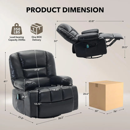 Oversized Recliner Chair, Massage Chair, 360 Swivel, Heat, USB,350 LB Capacity, 8-Point Vibration, Lumbar Heat, 145° Recline, 2 Cup Holders, USB Port, Side Pocket And Retractable Footrest