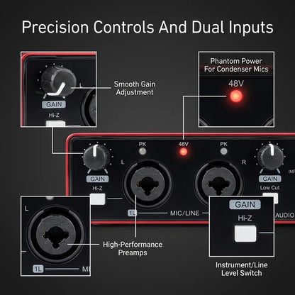YAMNWEO MD21 Red USB Audio Interface Sound Card, 24Bit/192kHz Dual Channel Sound Card with Dual Inputs for Condenser Microphones & Guitars, Ideal for Live Streaming, Podcasting, Music Production and Live Performances