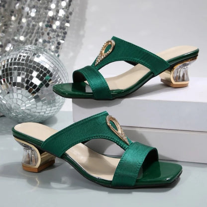 2026 New Women's Temperament Slippers Summer Round Head Open-toe Crystal Metal Buckle Anti-slip Wear-resistant Kitten Heels