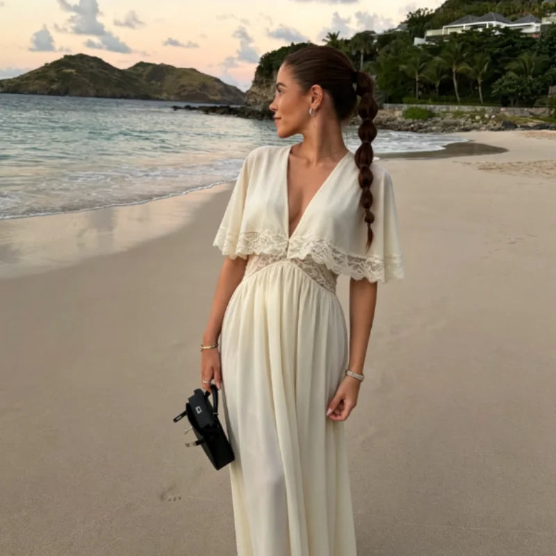 Deep V-Neck Lace Trim Cutout Waist Maxi Dress Elbow-Sleeve Lace Trim Chiffon 2026 Summer Elegant Women Vacation Boho Outfit