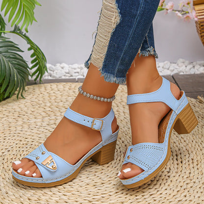 New Women's Chunky Heel Sandals Adjustable Buckle Strap Plus Size Shoes Solid Color Fashion Sandals Women Summer Comfort