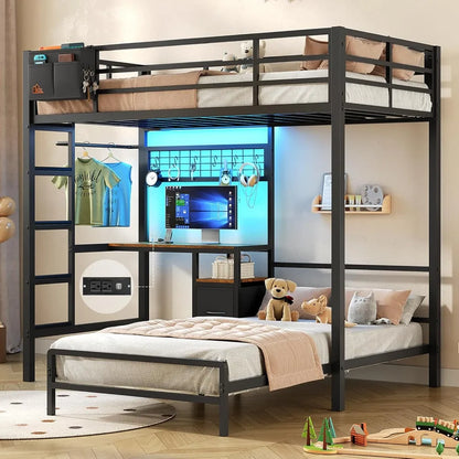 Twin Over Twin Bunk Bed,Built-in Desk & Charging Station & LED Lights with Storage Drawers,Bedroom Furniture, Custom