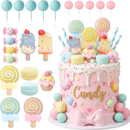 22pcs Candy Cake Topper Girls Birthday Party Decoration Lollipop Cake Decoration Ice Cream Cupcake Toppers