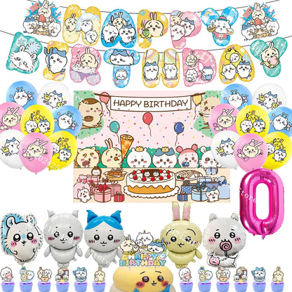 Chiikawa kawaii Happy Birthday Party Decorations Cute plate Banner Cake Topper Flag Balloons Disposable tableware Decorations