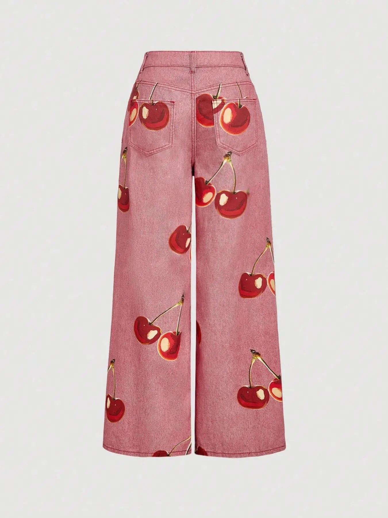 Sweet Girl Style Cherry Print Wide Leg Jeans High Waist Slimming Straight Pants, Casual Fashion Denim Trousers for Women