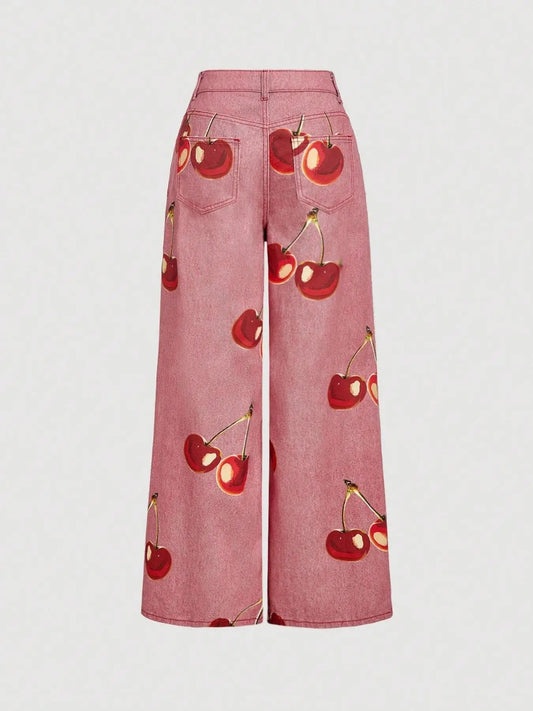 Sweet Girl Style Cherry Print Wide Leg Jeans High Waist Slimming Straight Pants, Casual Fashion Denim Trousers for Women