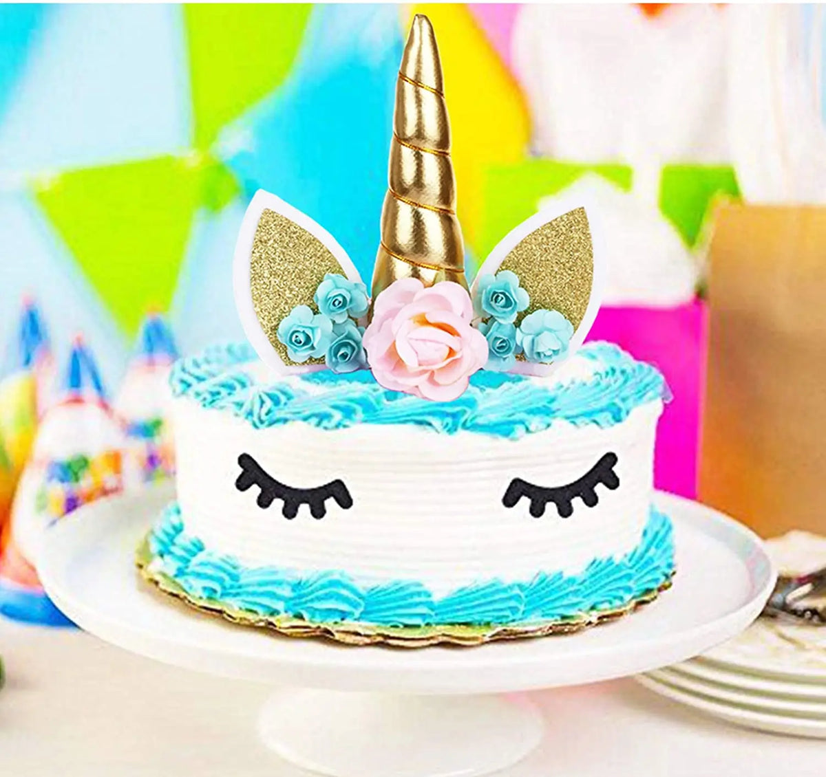 Unicorn Cake Topper Handmade Party Cake DIY Decoration Supplies with Eyelashes Gold Horn for Birthday Party Baby Shower Wedding