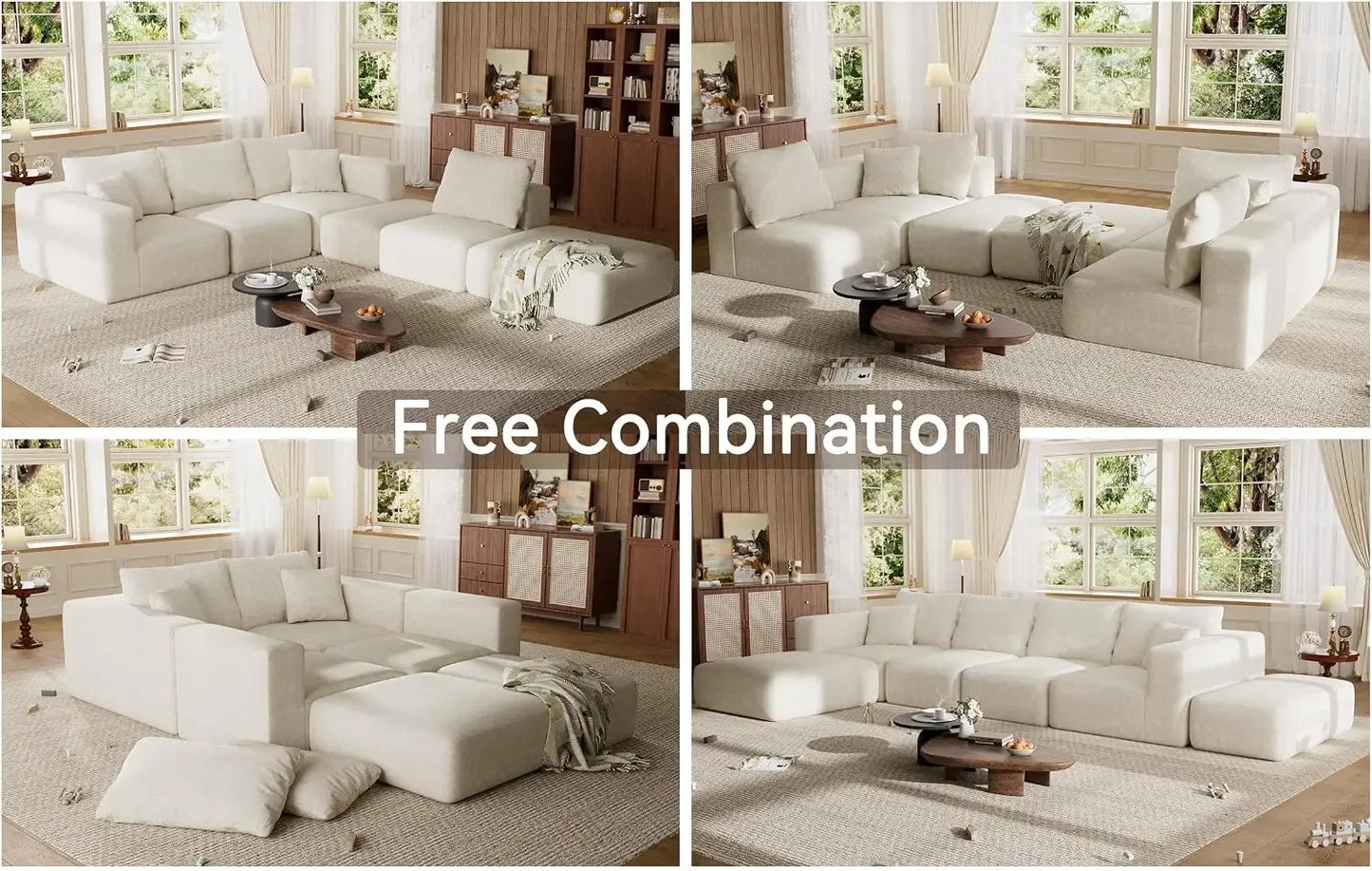 Extra Deep 150 Inch Oversized Modular Sofa Beige Couch Sectional Six Seat
