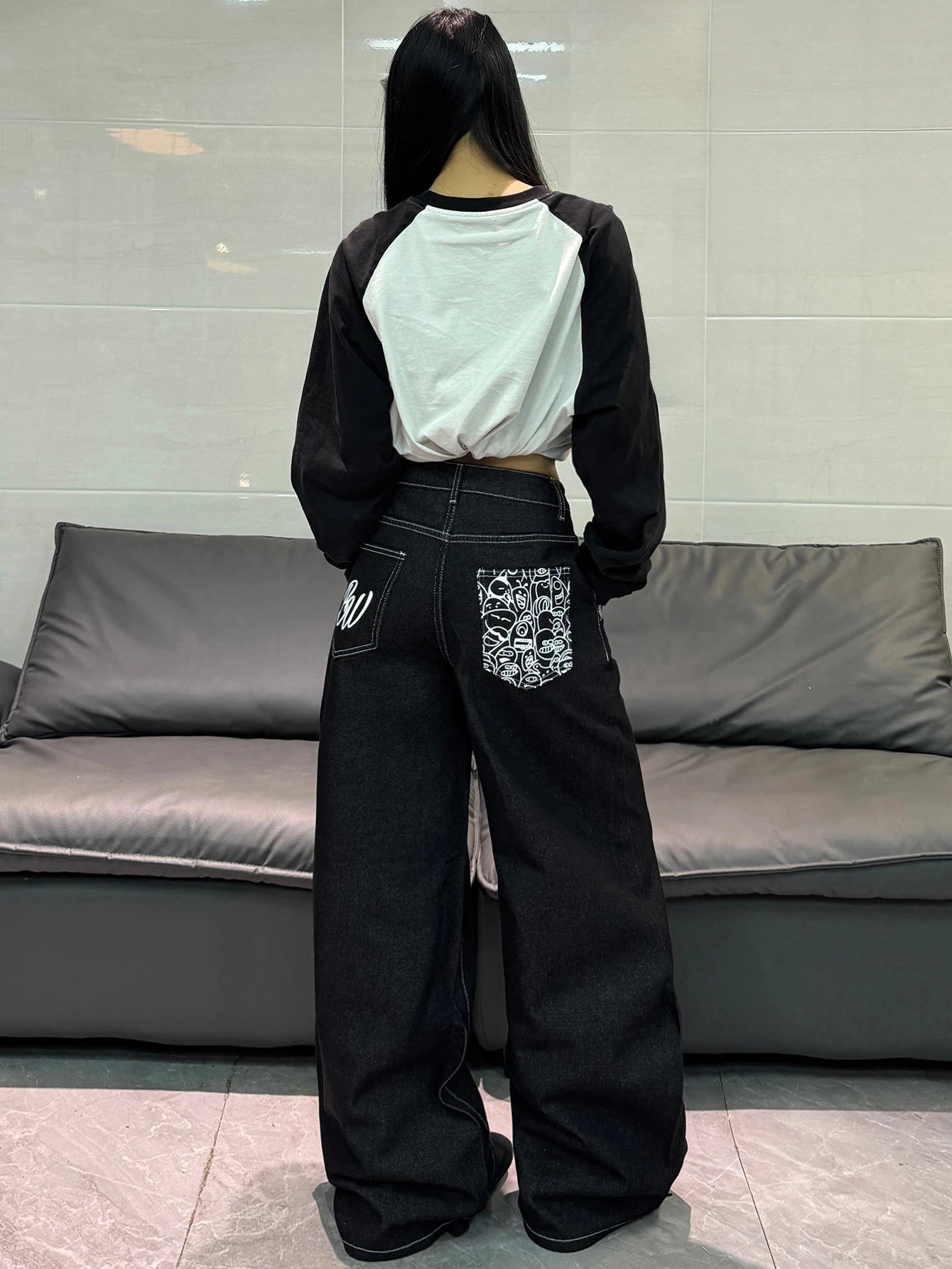 American High Street Cartoon Print Design Black Women's Loose Wide Leg Jeans Y2K Street Fashion Versatile Trousers