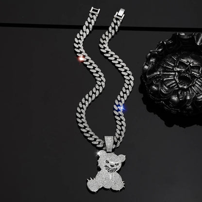 Hip Hop Aggressive Bear Pendants Necklaces with Miami Cuban Link Chain Brown Bear Men's Women Choker Collar Jewelry Accessories