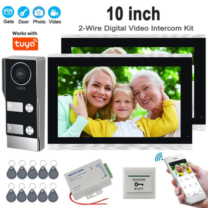 Tuya Smart WiFi Video Doorbell Intercom 1080P 2 Wired 10 inch LCD Video Door Phone System RFID APP Unlock for 2-Unit Apartments