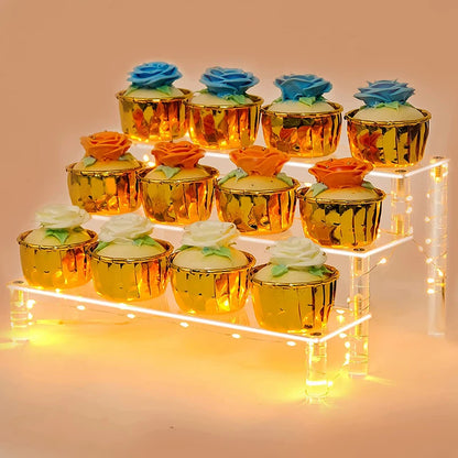 3 Tier Clear Square Cupcake Stand Premium Acrylic Cake Tower Display Holder With LED Light String For Wedding Birthday Party