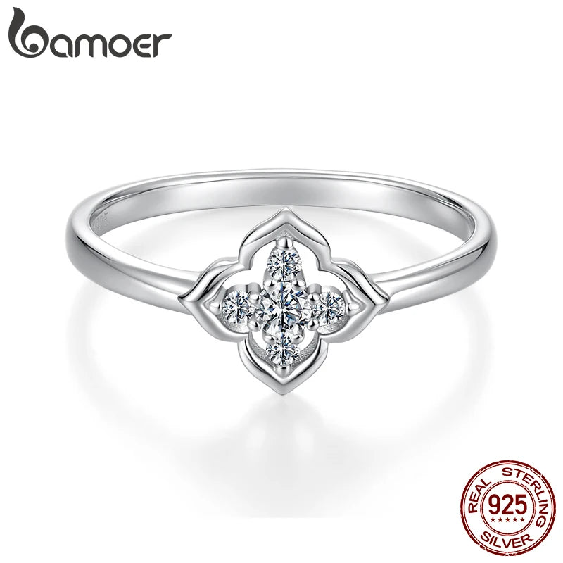Bamoer Moissanite Four-Leaf Clover Ring Lucky 925 Sterling Silver D