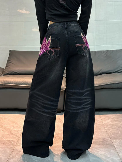 American Vintage Butterfly Embroidery Design Black Women's Loose Wide-Leg Jeans Y2K Street Fashion Versatile Straight-Leg Pants