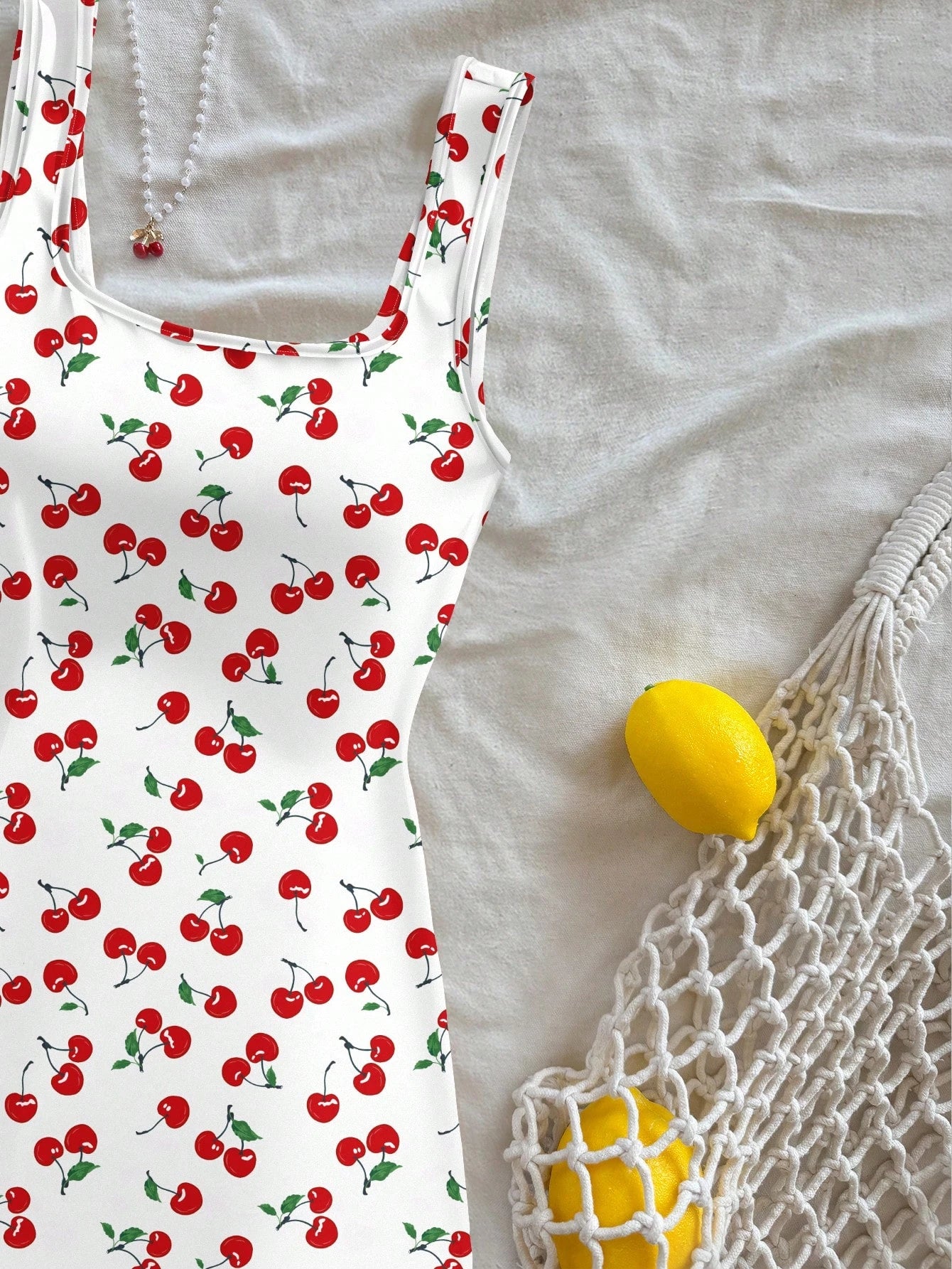 Women's Sexy Vacation Style U-Neck Cherry Print Open Back Side Slit Mini Dress for Spring/Summer