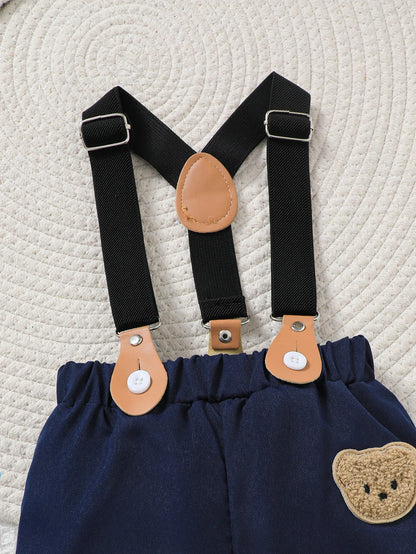 Baby Boy Spring Summer Outfit Set Cute Cartoon Letter Bear Print Striped Short Sleeve Onesie with Bear Decorated Overalls Shorts