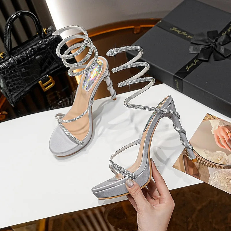 Luxury Rhinestones Snake Shaped Platform Wedges Women Sandals Fashion Summer High Heels Gladiator Sandals Wedding Banquet Shoes