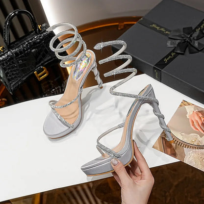 Luxury Rhinestones Snake Shaped Platform Wedges Women Sandals Fashion Summer High Heels Gladiator Sandals Wedding Banquet Shoes