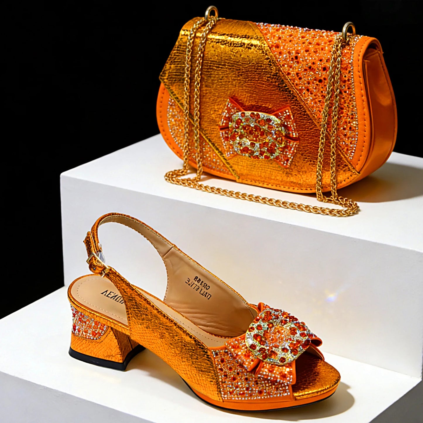 Nigeria Design Open Toe High Heels & Bag Set Gold Color blocking Hot Rhinestones Fashion Elegant Sexy High Heels