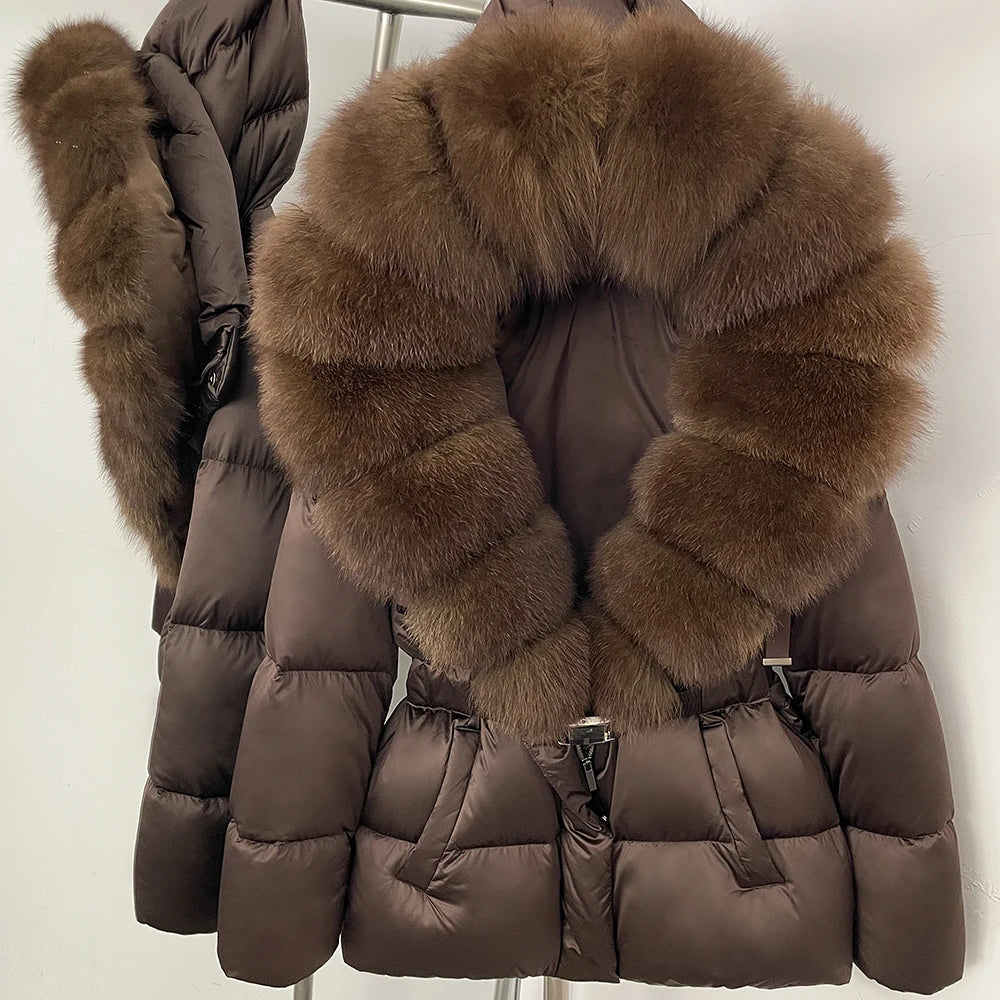 OFTBUY New Fashion Winter Clothes Women Duck Down Coat with Big Natural Fur Collar Belt Hooded Real Fox Fur Puffer Jacket Female