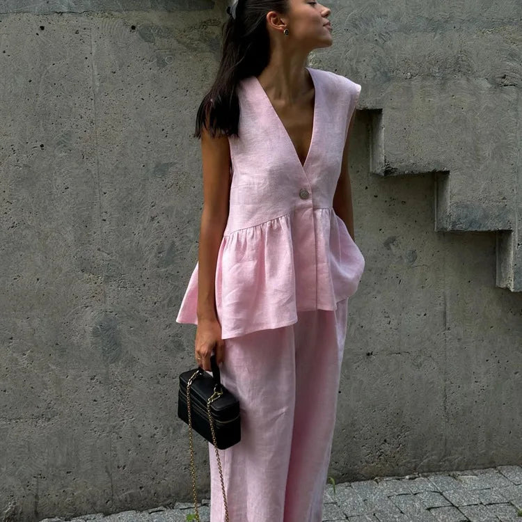 2026 V-neck sleeveless top, vest and long pants suit, solid-color two-piece set