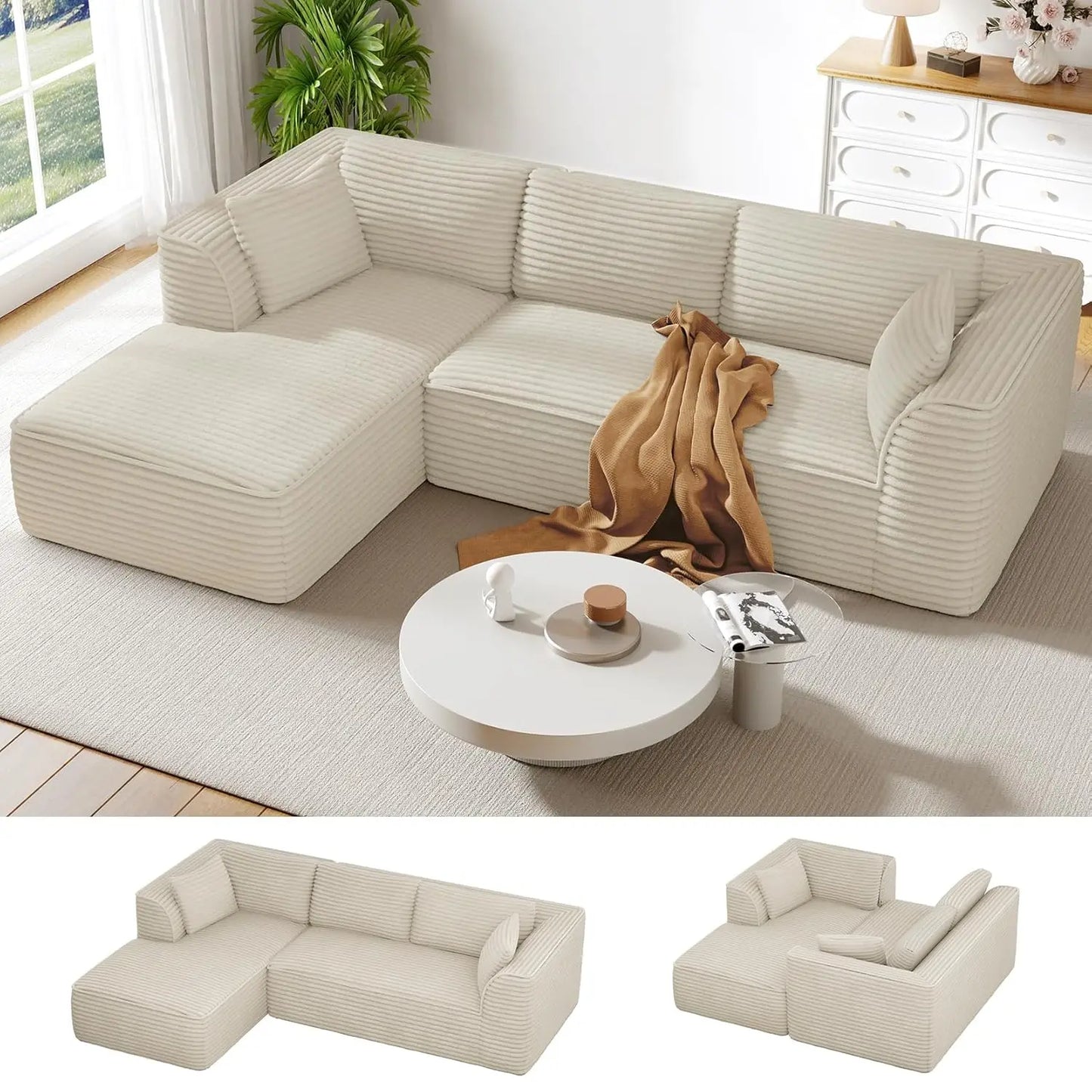 Boneless Couch with Chaise, Deep Seat Comfy Cloud Modular Sofa Corduroy Memory Foam Sectional Couches ,Customized