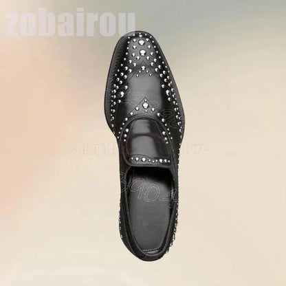 Metal Rivets Black Strappy Men Derby Shoes Fashion Slip On Men Shoes Luxury Handmade Party Feast Banquet Office Men Dress Shoes