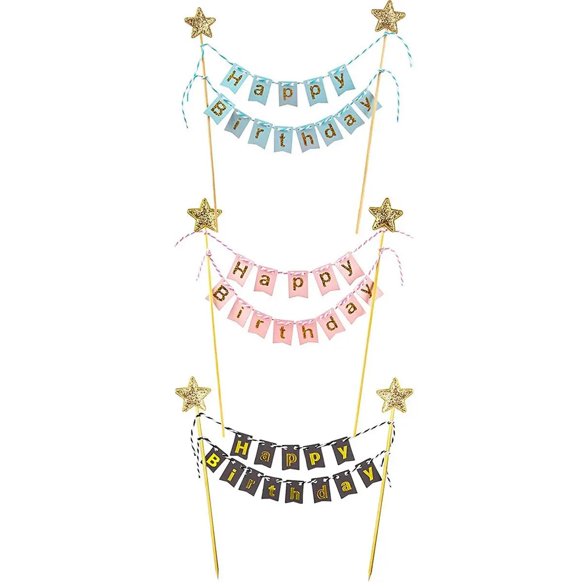 Happy Birthday Cake Flags DIY Gold Stars Bunting Banner Kids Adults Baking Decoration Baby Shower Party Supplies