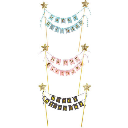 Happy Birthday Cake Flags DIY Gold Stars Bunting Banner Kids Adults Baking Decoration Baby Shower Party Supplies