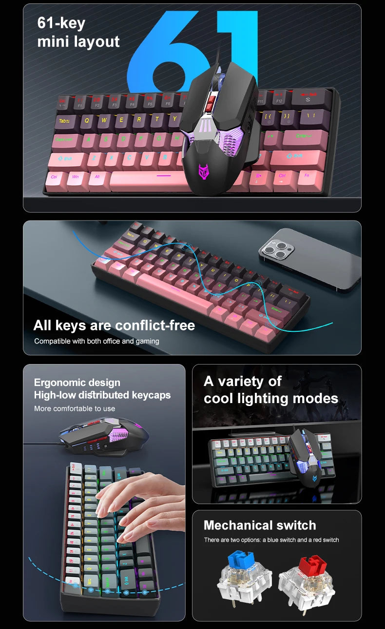 Mechanical keyboard and mouse set, 60% Portable Mini Wired Keyboard and Mouse combos, 61 Keys Phantom RGB keyboard and mouse kit