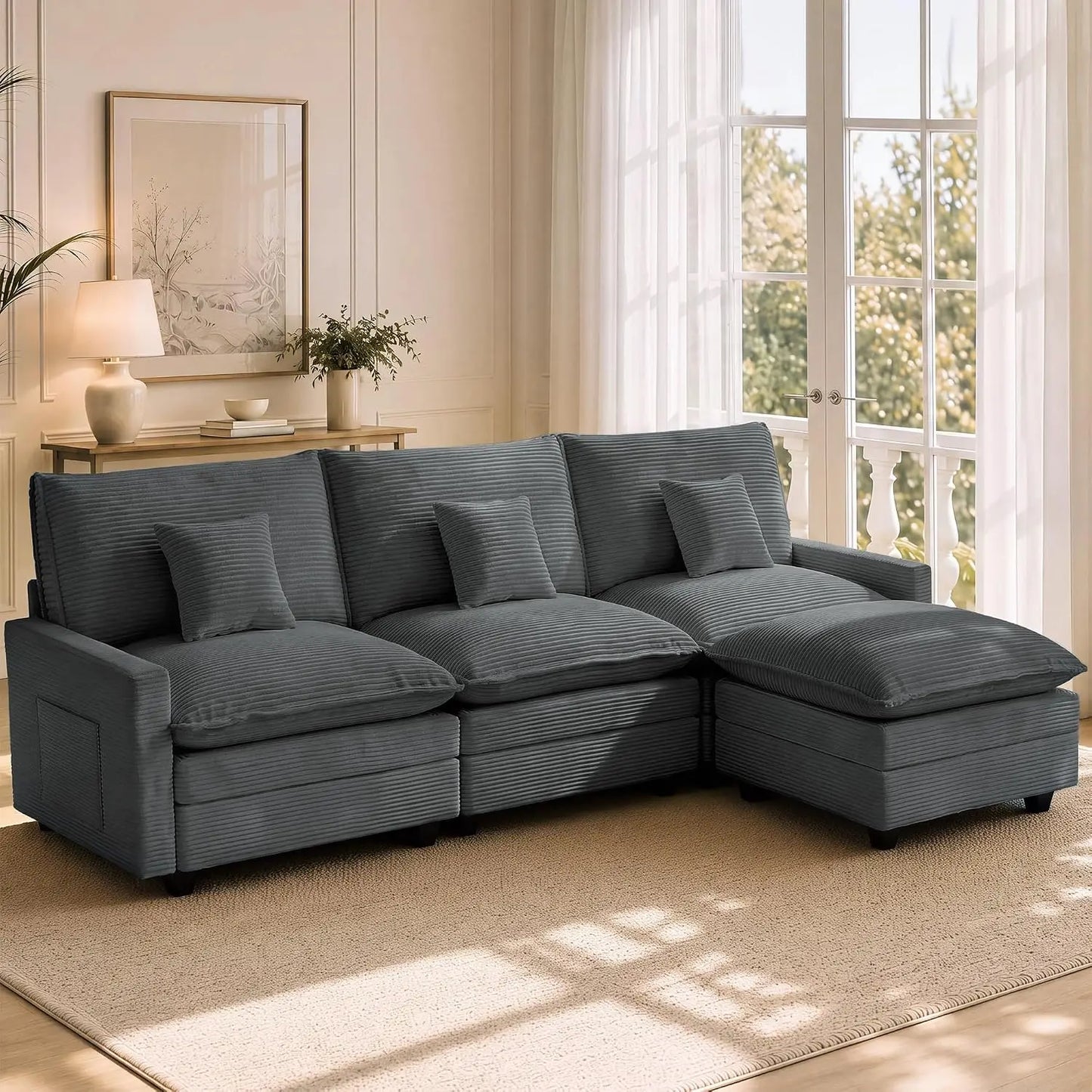 108 Inch Cloud Couch Sectional, Modular Sectional Sofa with Ottoman, Green | L Shaped Sectional Couches for Living, Customized